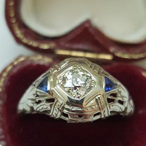 Antique 18k White gold .61ct Diamond Sapphire Ring